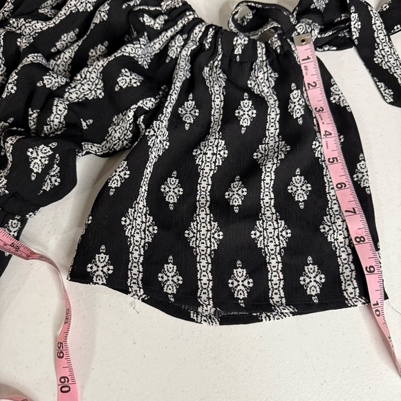 A.U.W. On/Off Shoulder Jumpsuit Black/White Print Wide Leg Bows Women’s Size 10 - Picture 9 of 14